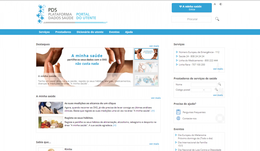 Imagem da homepage do Portal do Utente